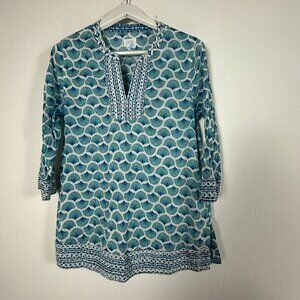 Sigrid Olsen Women Blue White Shell Print Embroidered Tunic Top Medium Blue Boho